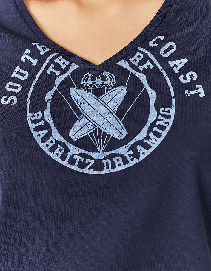 Women’s navy blue organic cotton T-shirt with badge image - IKKS