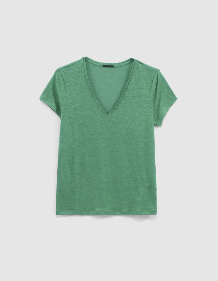 Grünes Damen-T-Shirt, V-Ausschnitt, Leinenjersey - IKKS