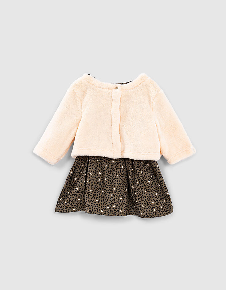 Baby girls’ khaki print 2-in-1 dress with soft cardi-4