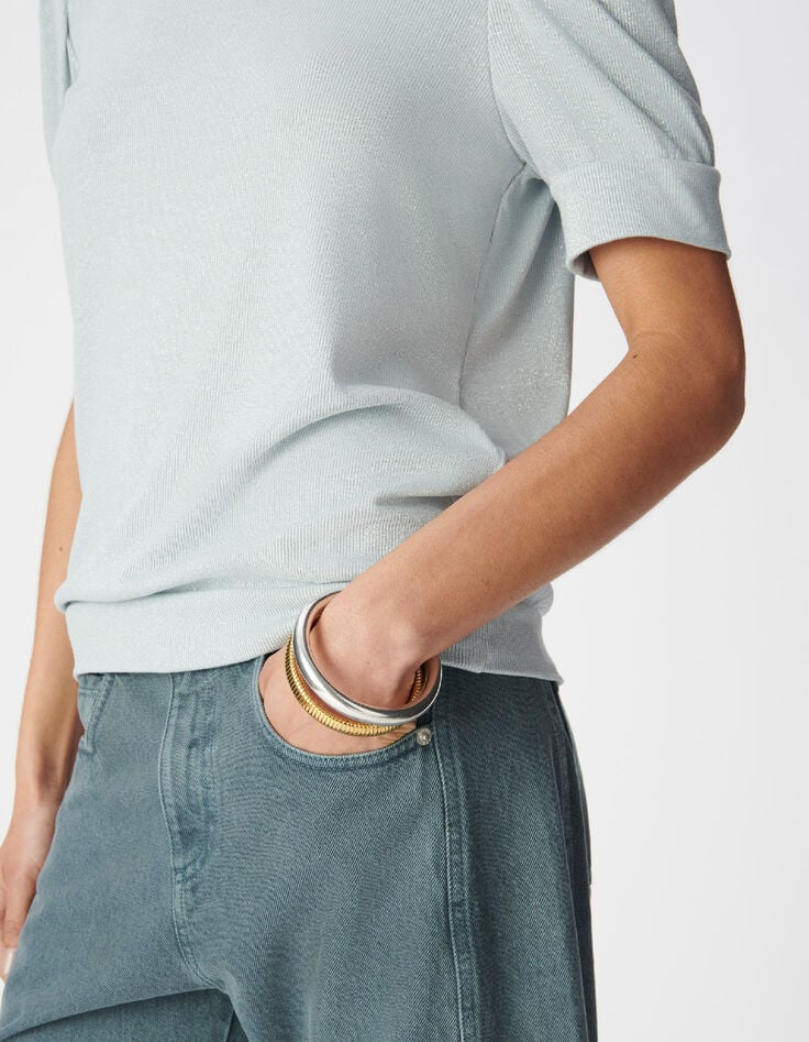 Dames-T-shirt met blauwe lovertjes en gerimpelde mouwen Ronde halslijn-5