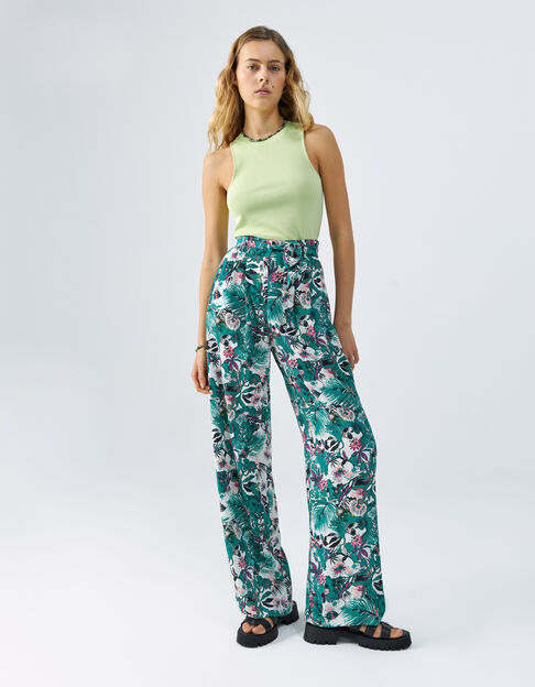 Women’s green plant print flowing wide-leg trousers