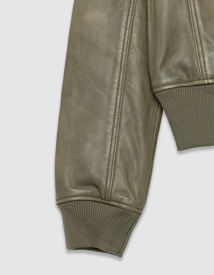 Khaki kurze verwaschene Damenlederjacke-4