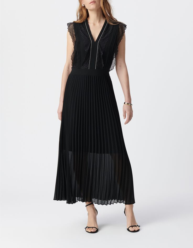 Robe longue noire pliss&eacute;e volants dentelle Femme-2
