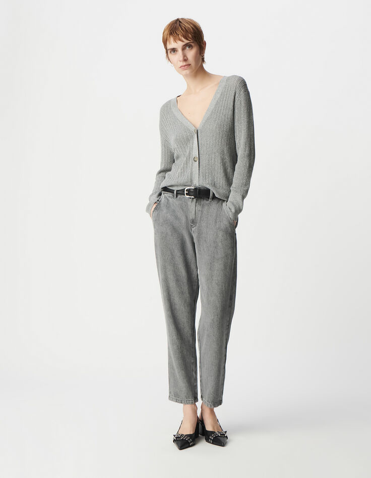 Elegante Cárdigan de lúrex gris calado para Mujer-1