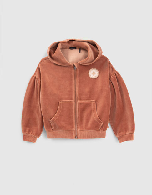 Kupferrosafarbene Mädchen-Kapuzenjacke aus Veloursgewebe - IKKS