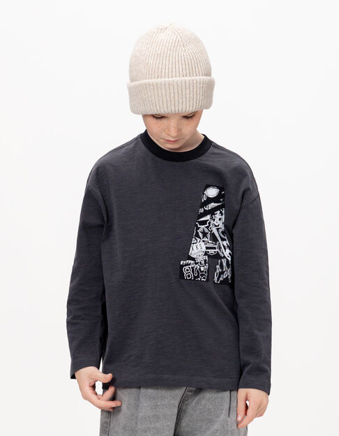 Camiseta manga larga gris jaspeado maxi letras A niño - IKKS