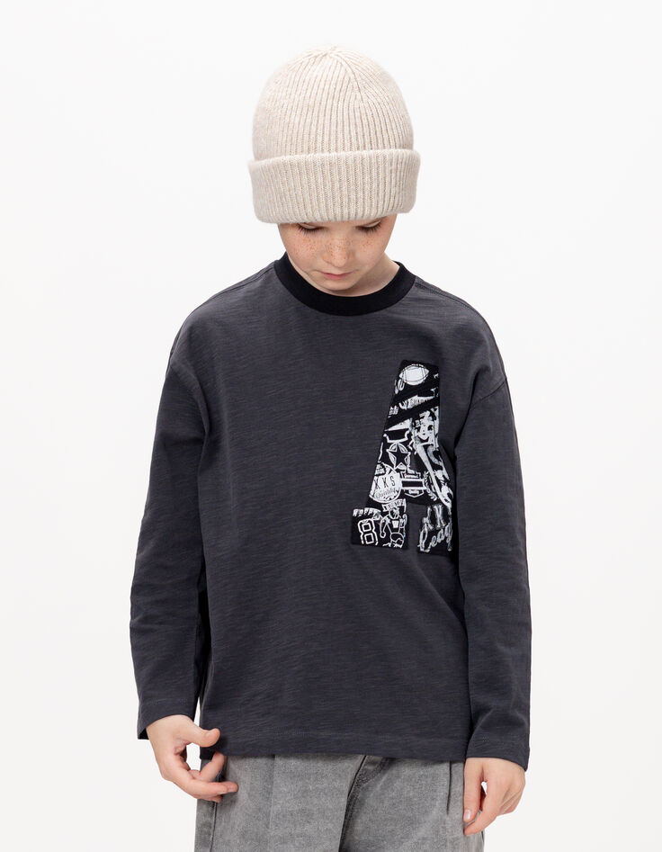 Gemêleerd grijs T-shirt lange mouw maxi letters A jongens-1