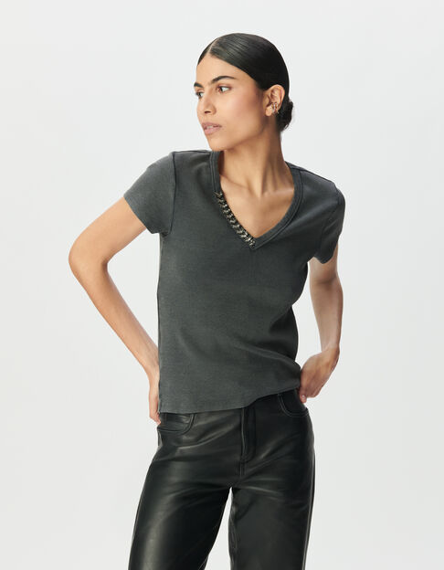 Camiseta manga corta gris acanalada escote joya mujer - IKKS