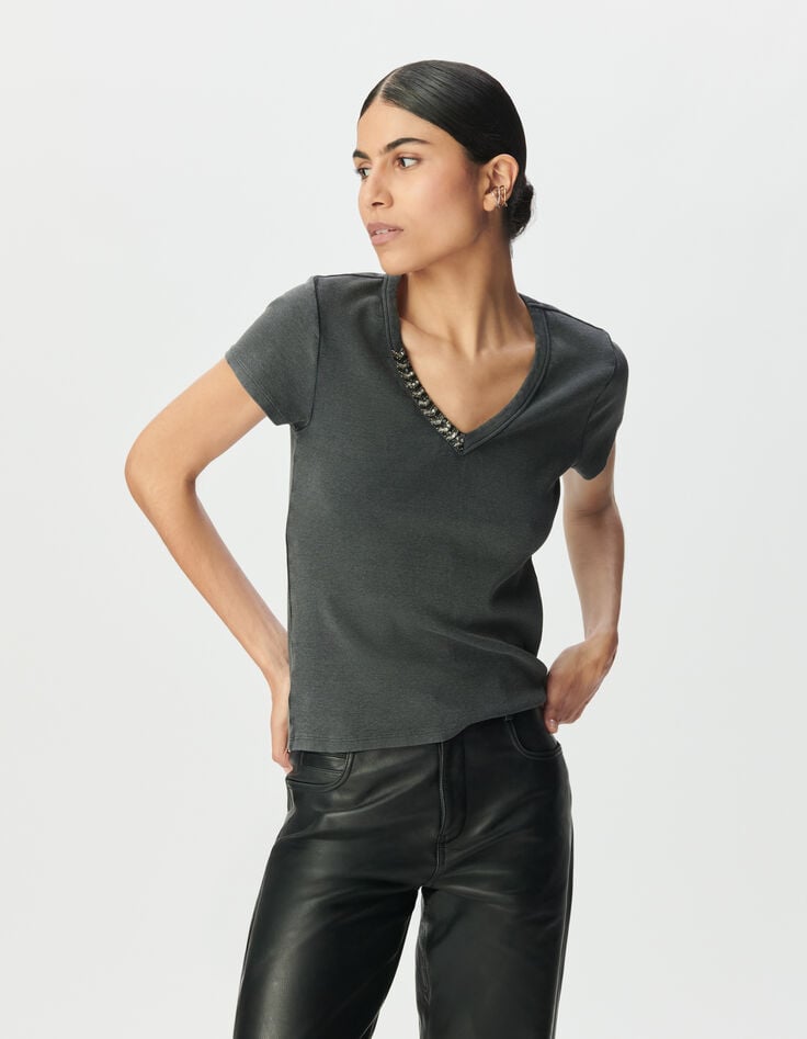 Camiseta manga corta gris acanalada escote joya mujer-1 Camiseta manga corta gris acanalada escote joya mujer-1