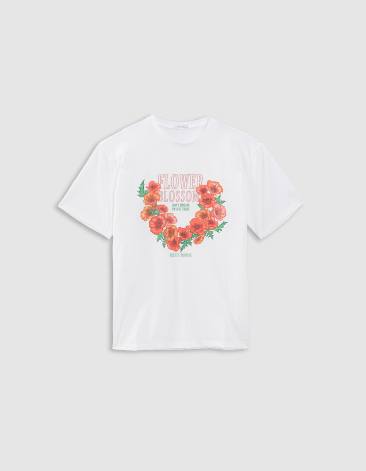 Camiseta cuello redondo blanca flores mensaje-5