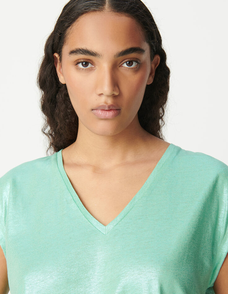 Tee-shirt col V vert maille irisée Femme-4