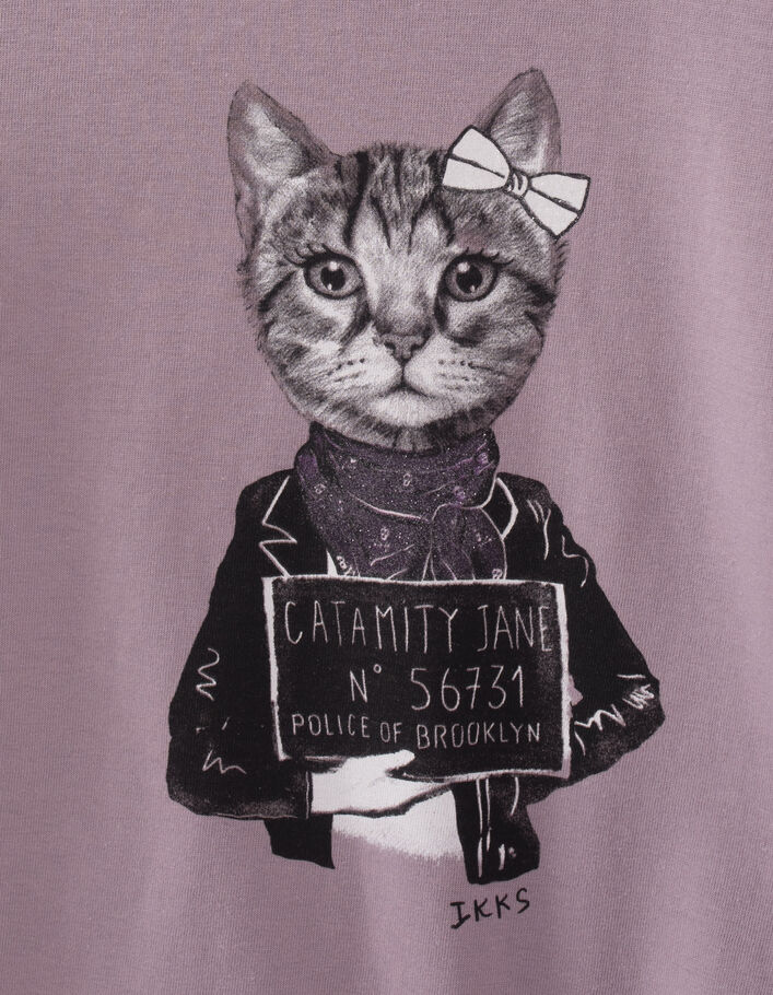 Girls’ violet T-shirt with cat in glittery scarf-2