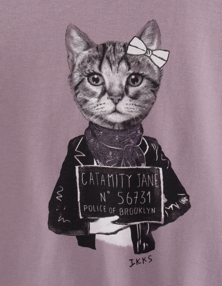 T-shirt parme visuel chat foulard pailleté fille-2