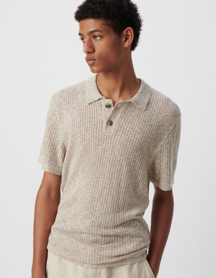 Polo beige tricot ajouré fantaisie Homme-6