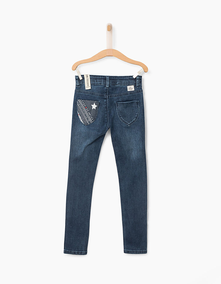 Jean skinny bleu, décors broderies et patchs fille-4