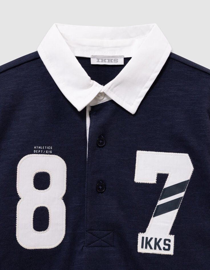 Boys’ navy/camel/black polo shirt, white collar, numbers-2 Boys’ navy/camel/black polo shirt, white collar, numbers-2