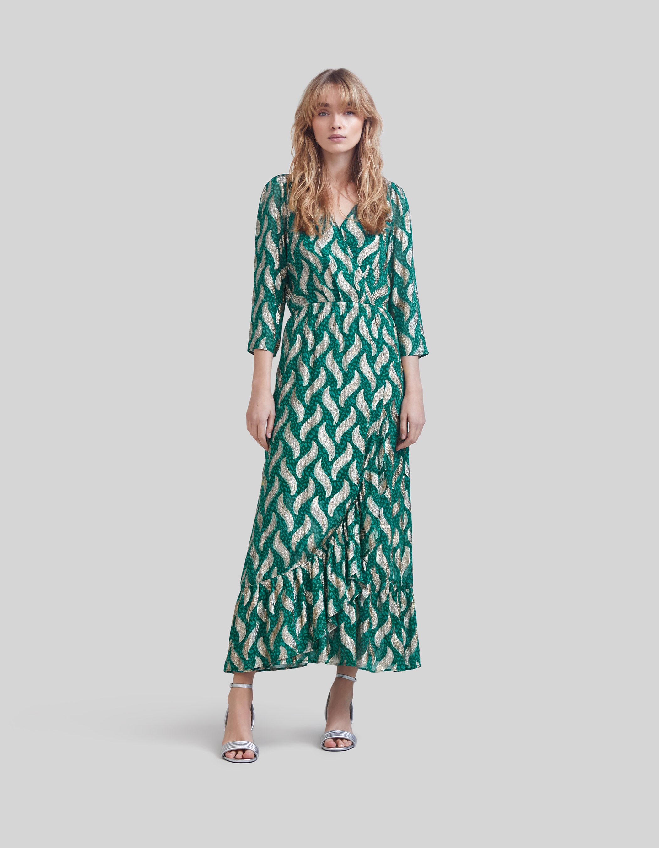 Robe longue emeraude imprime feuilles dorees Femme IKKS