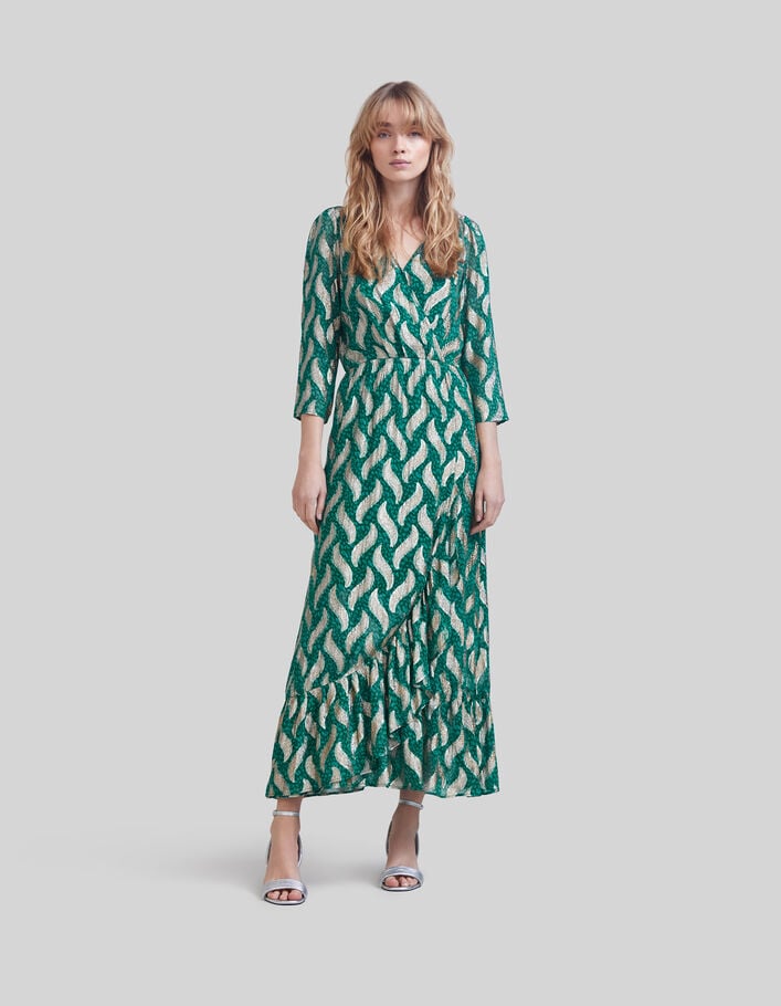 Lange smaragdgroene jurk goudkleurige bladprint Dames - IKKS