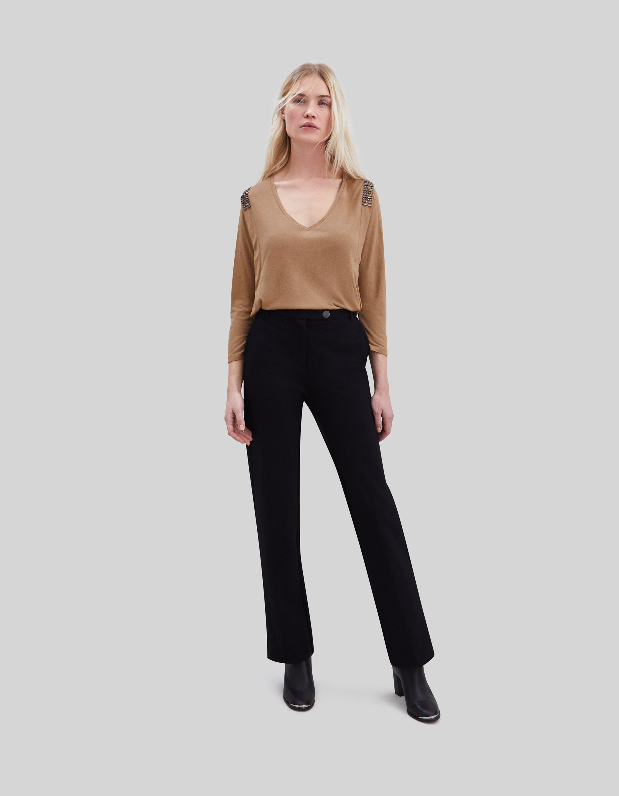 Women s camel lurex T shirt with beaded shoulders IKKS