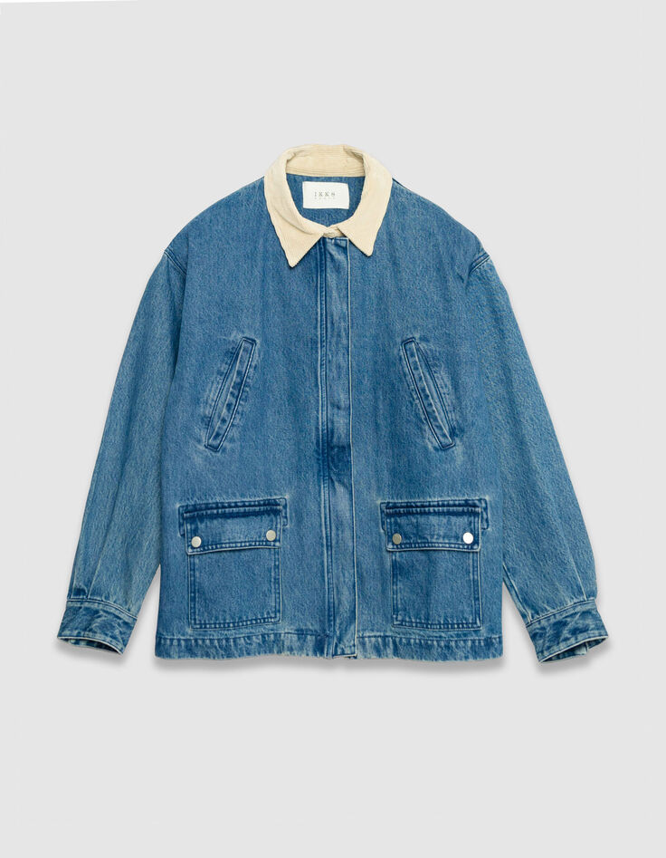 Women's blue denim jacket with ecru velour collar-7