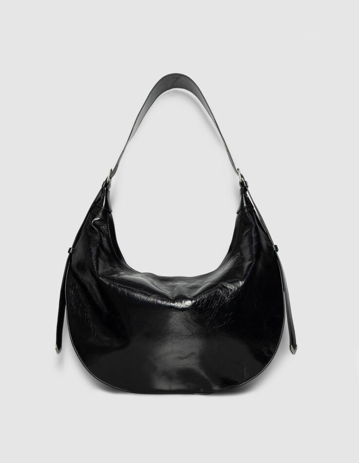 Sac demi-lune noir cuir glac&eacute; Allane Femme-3