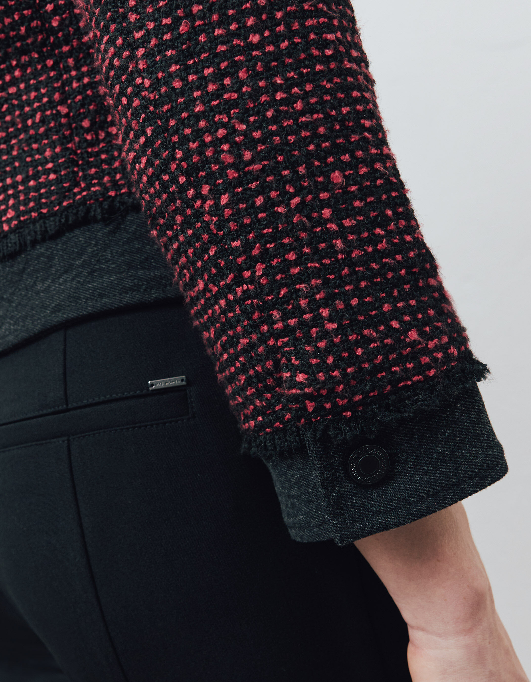 Veste bi matiere en tweed et denim rouge et noir femme
