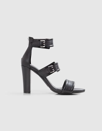 Women’s black leather zipped heeled sandals