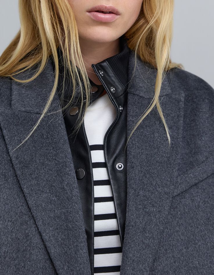 Lange grijze jas met dubbele rij knopen voor dames-7