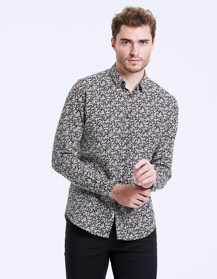 Men&rsquo;s black floral print slim shirt-3