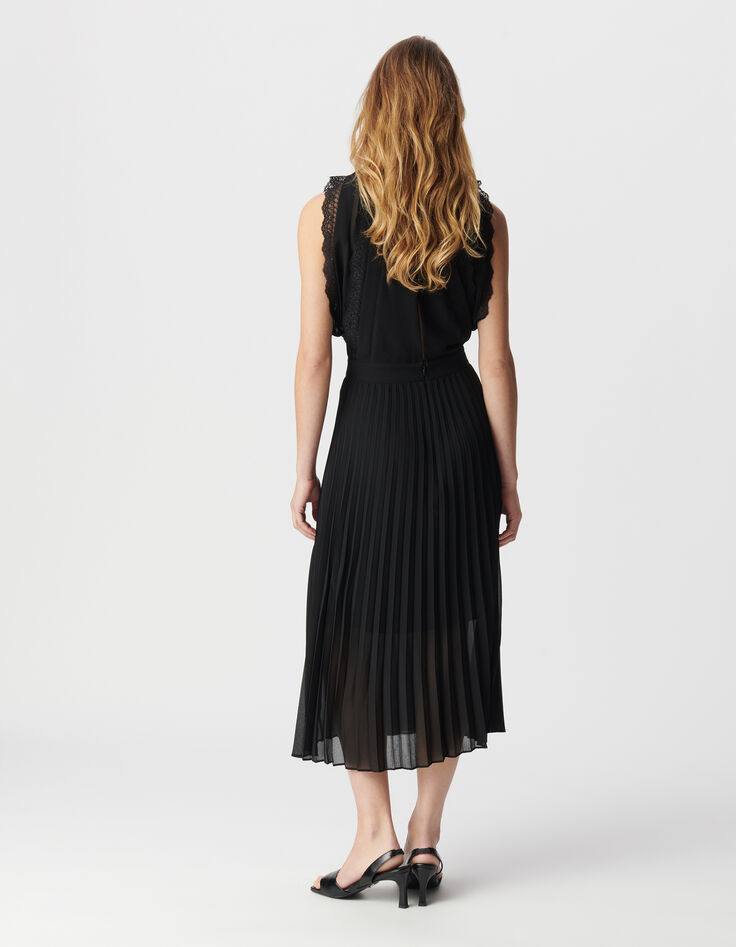 Women's long black pleated dress with lace bands-2