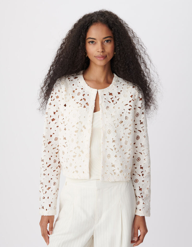 Chaqueta bolero corta de mujer de encaje blanco-2