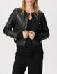 Veste courte noire en cuir quatre poches plaqu&eacute;es Femme-3