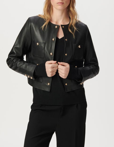 Chaqueta corta negra cuero cuatro bolsillos parche mujer - IKKS