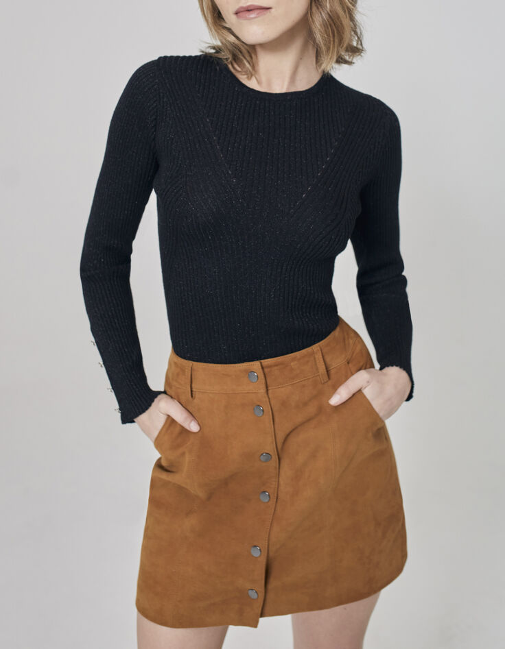 Women’s black fine knit sweater with buttoned cuffs-1