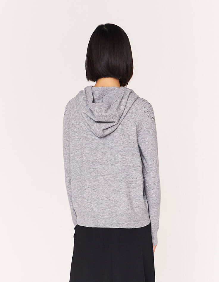 Cardigan gris à capuche détails bijoux femme-3