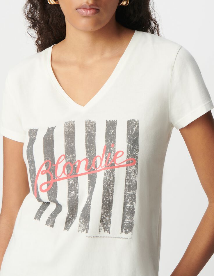 Camiseta blanca de mujer de algod&oacute;n org&aacute;nico con mensaje y rayas BLONDIE-4