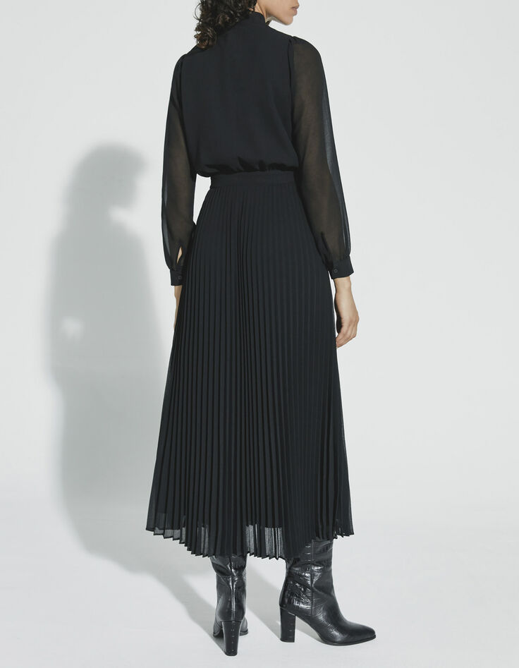 Vestido largo plisado gasa negro mujer-3