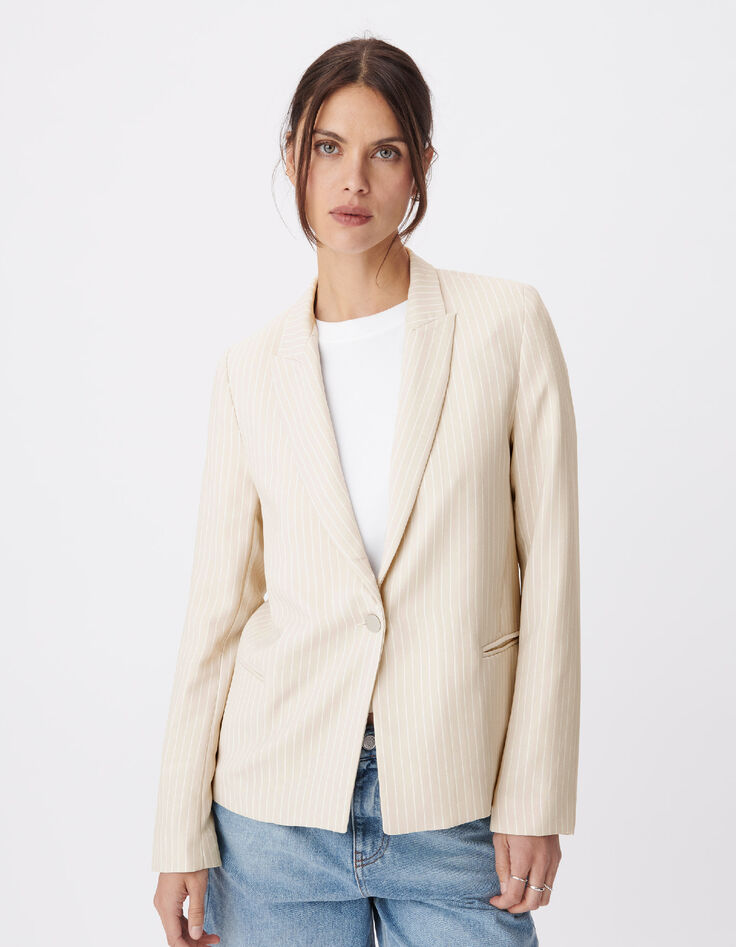 Veste de tailleur beige motif rayures tennis Femme-4