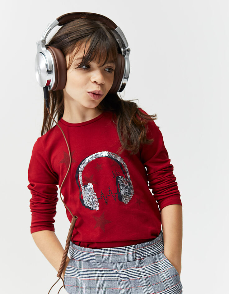 Donkerrood T-shirt met geborduurde koptelefoon meisjes-4
