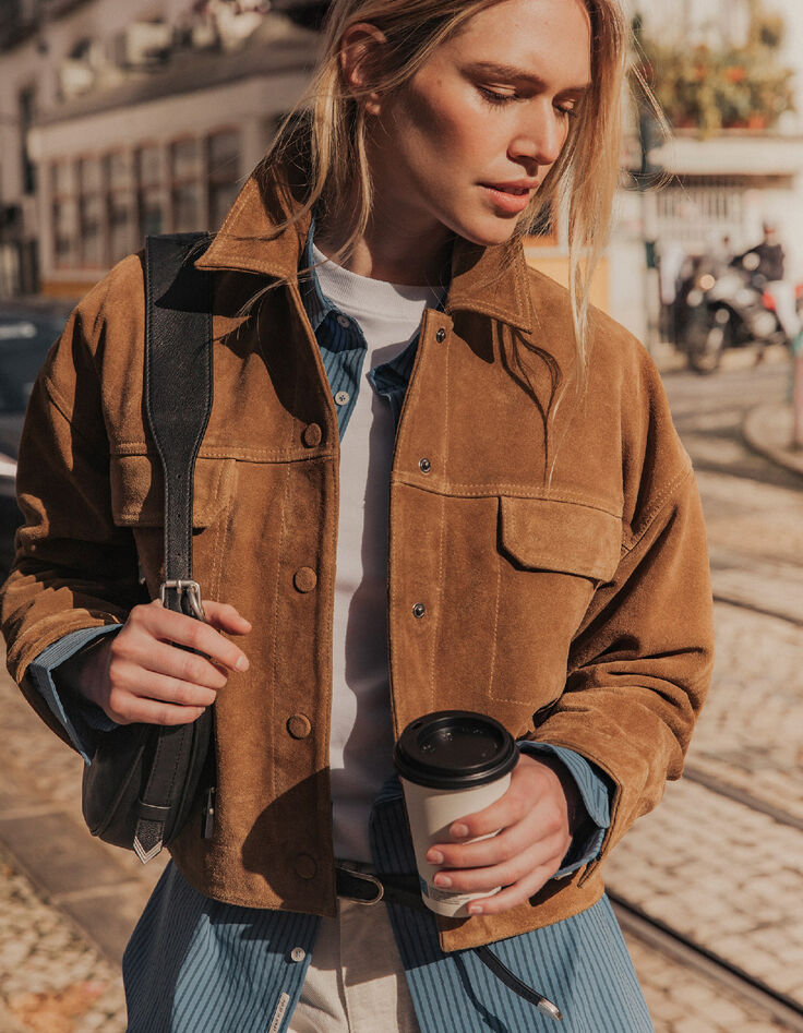 Women's oversized camel leather velour jacket-1