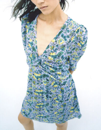 Lila Damenkleid, Drapé-Effekt, Maxi-Blumenprint - IKKS