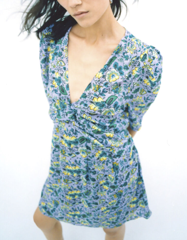 Lila Damenkleid, Drapé-Effekt, Maxi-Blumenprint-1