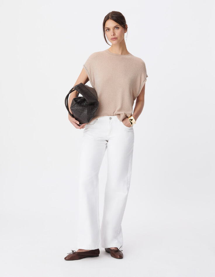 Pull sans manches beige lurex d&eacute;tails chainettes Femme-1