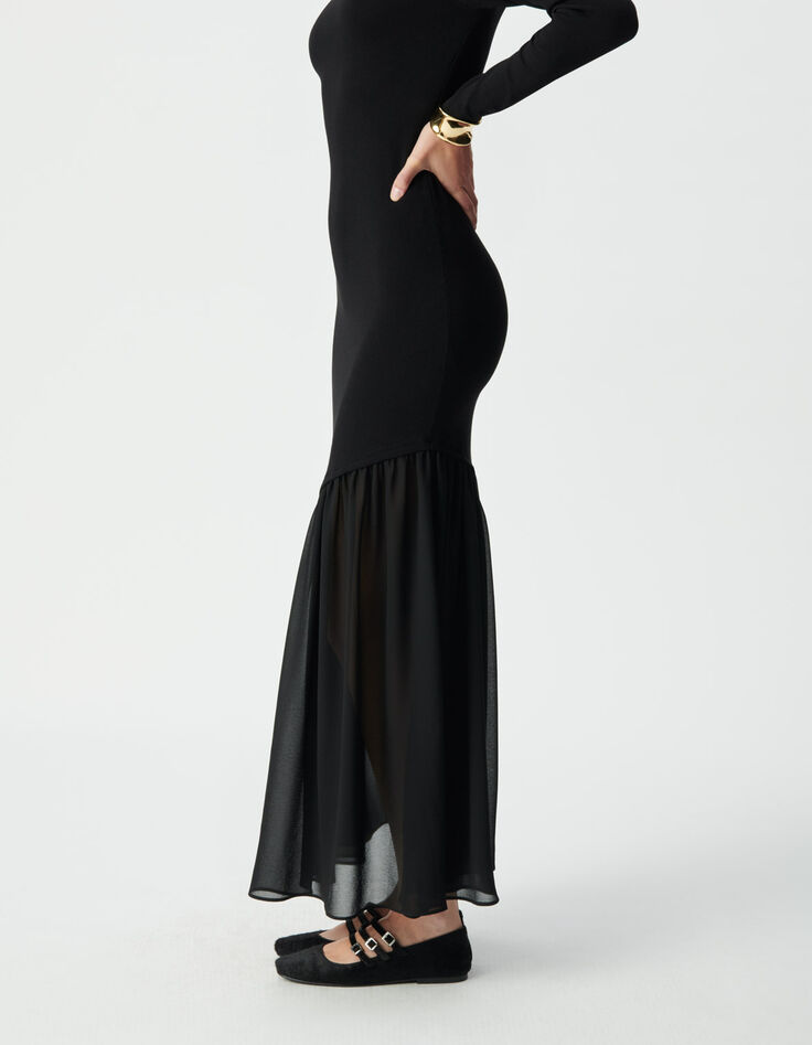 Schwarzes Damen-Langkleid Material-Mix-6