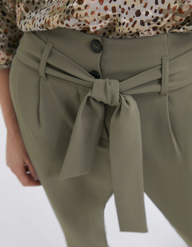 Women’s khaki belted high-waist straight trousers-5