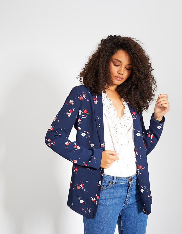 I.Code navy blue Floral Preppy print suit jacket-2