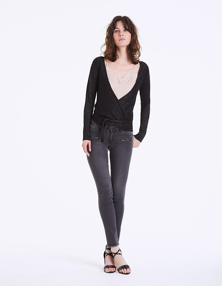 Cardigan cache-cœur noir métallisé femme-6
