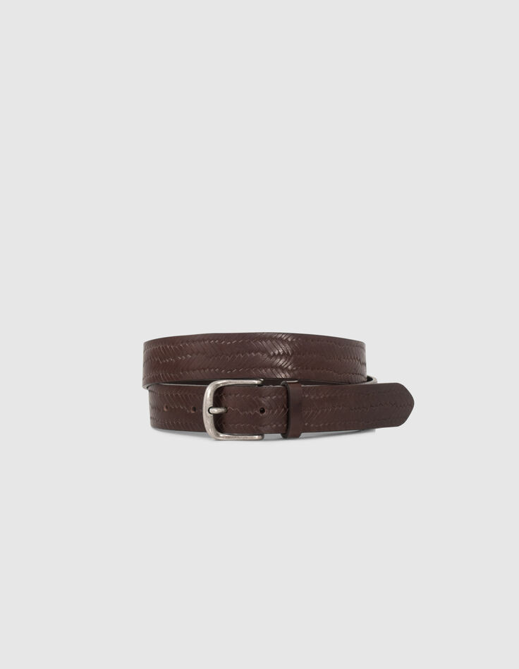 Ceinture marron foncé en cuir embossé tressage Homme-1