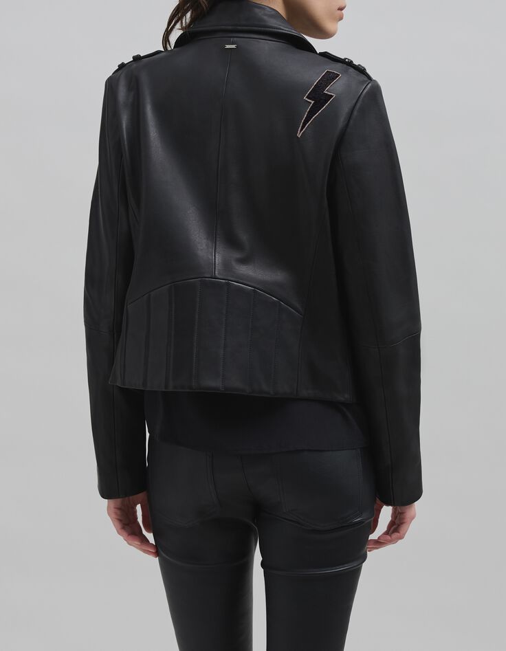 Veste cuir noir esprit motard broderie perle éclair Femme-3