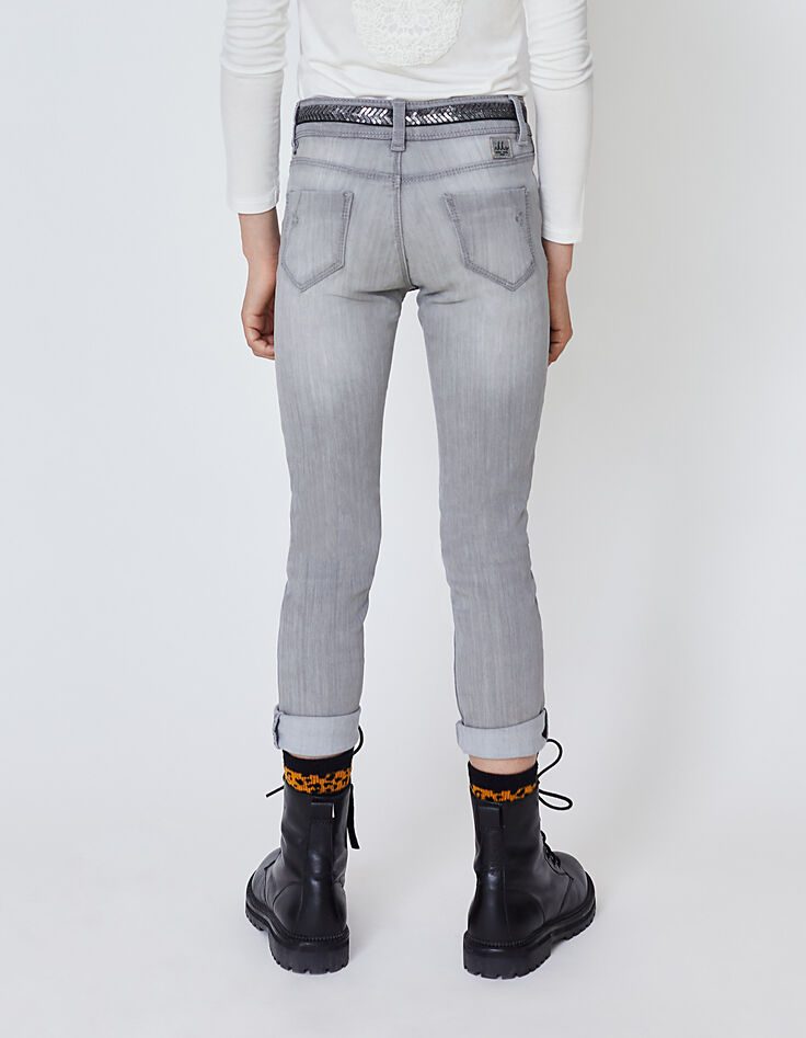 Jean slim light grey brod&eacute; sequins &agrave; la taille fille -2